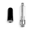 Disassembled refillable 510 thread vape cartridge showing glossy black ceramic mouthpiece alongside clear glass tank
