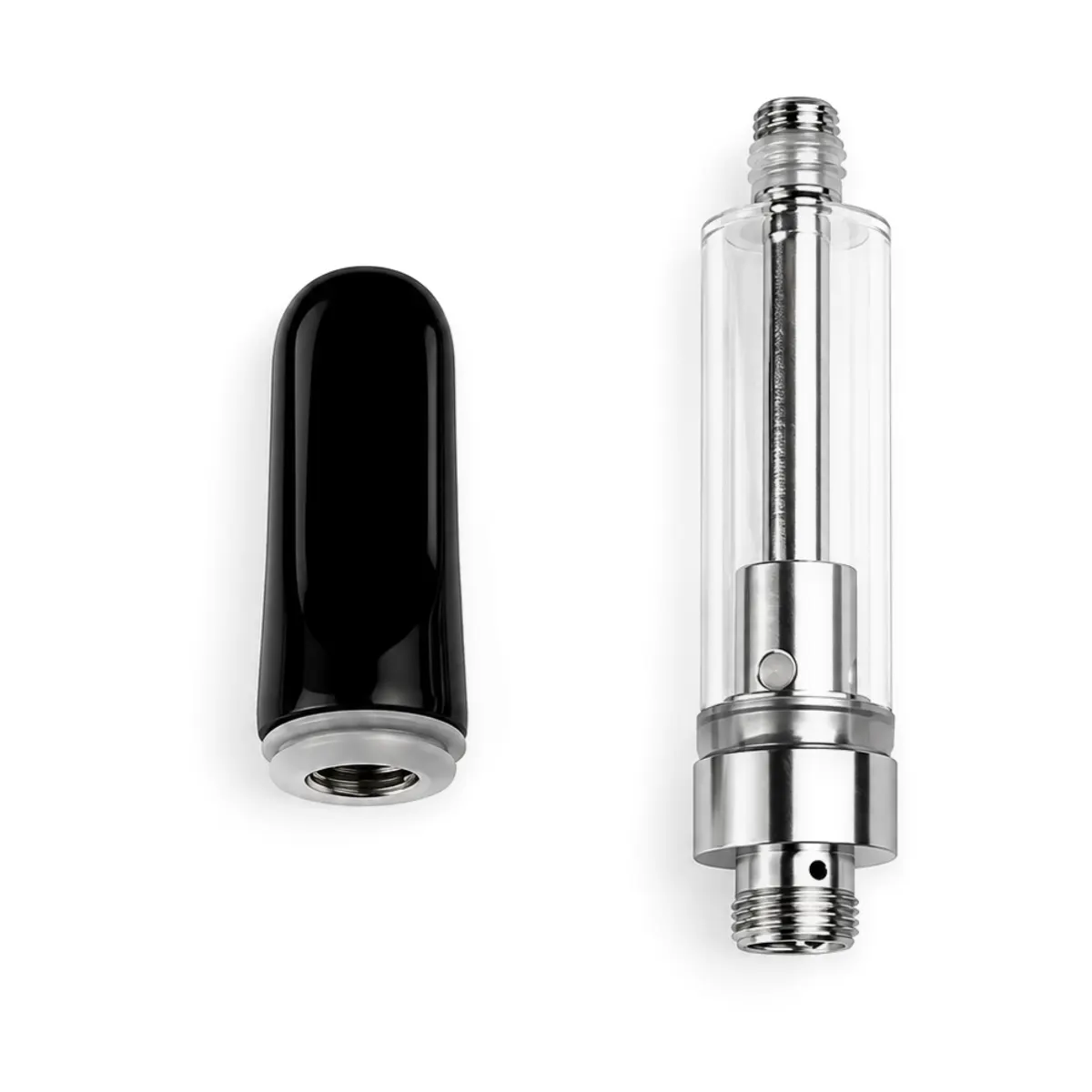 Disassembled refillable 510 thread vape cartridge showing glossy black ceramic mouthpiece alongside clear glass tank