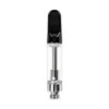 Refillable 510 thread vape cartridge with clear glass tank, metallic base, and glossy black ceramic mouthpiece