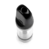 Top-down angle view of glossy black ceramic mouthpiece attached to clear refillable 510 vape cartridge tank