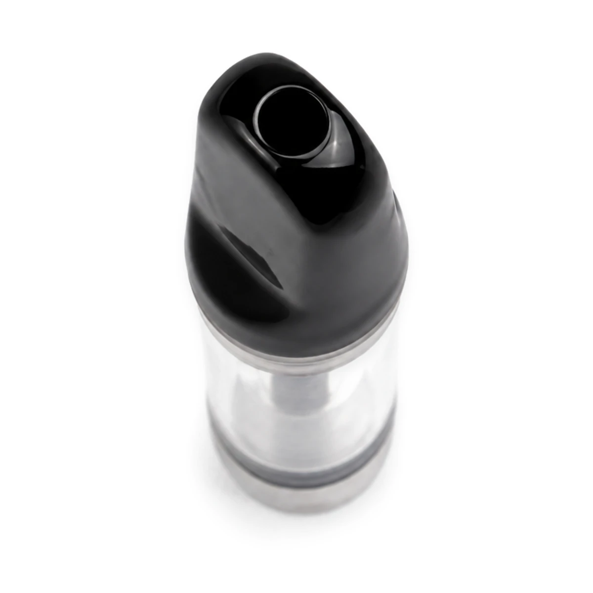 Top-down angle view of glossy black ceramic mouthpiece attached to clear refillable 510 vape cartridge tank