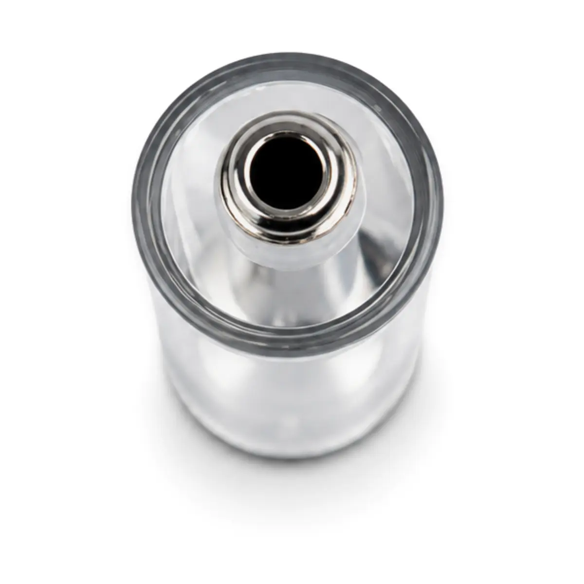 Top view of clear glass refillable 510 thread vape cartridge showing stainless steel center post opening