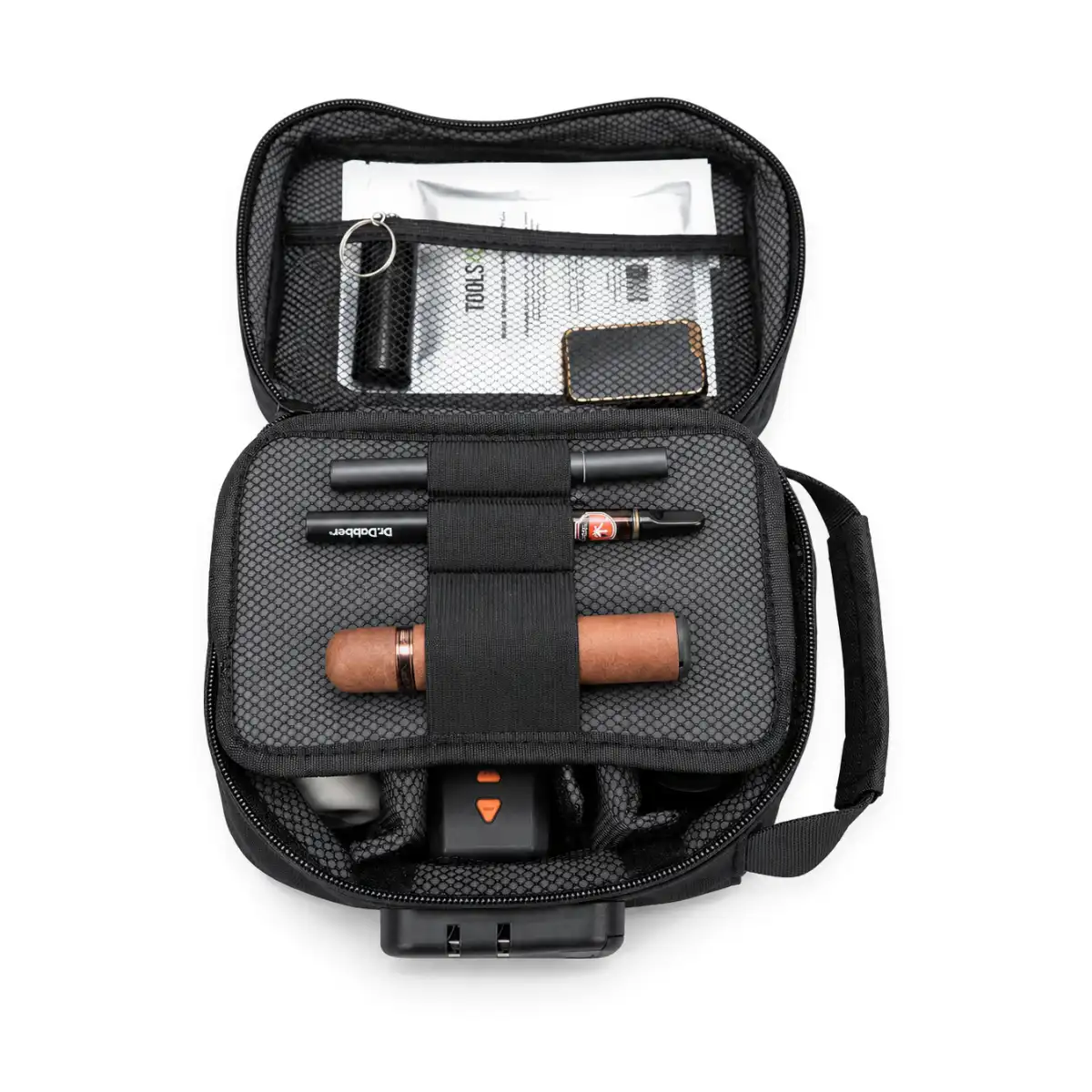 F20 Smell Proof Vape Case organized with vape pens, accessories, and mesh pocket storage