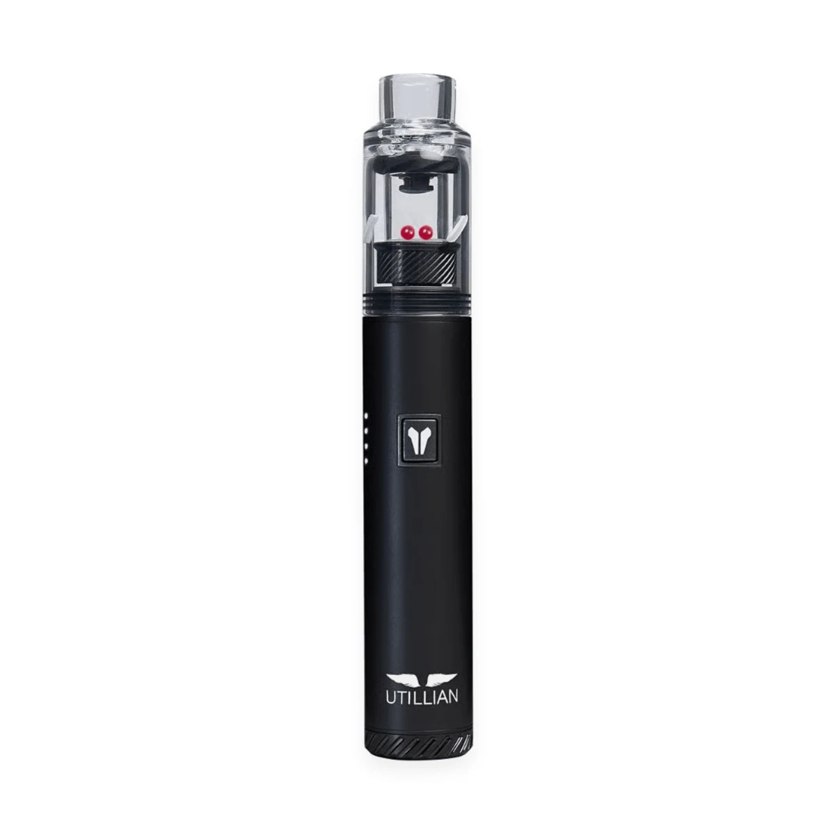 Utillian 6 Wax Pen standing upright in black with clear glass mouthpiece and quartz chamber