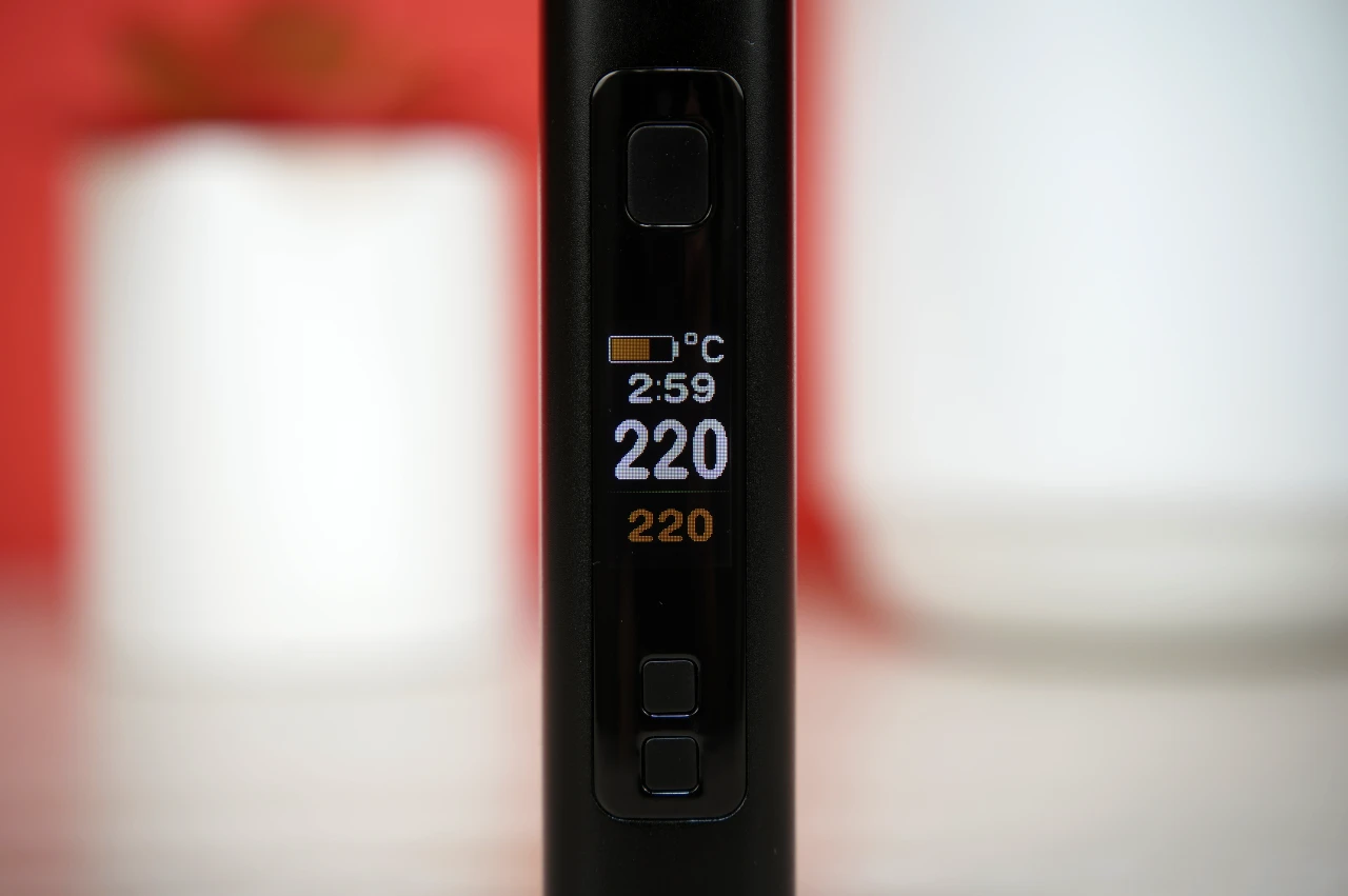 Close up of XMAX V4 Pro OLED digital display screen and temperature control buttons