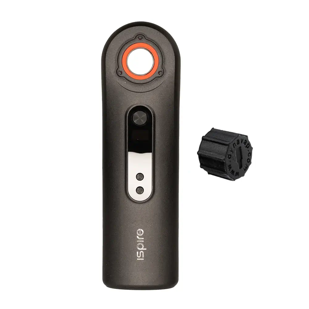 Ispire Wand Induction Heater front view next to a black DynaVap silicone adapter