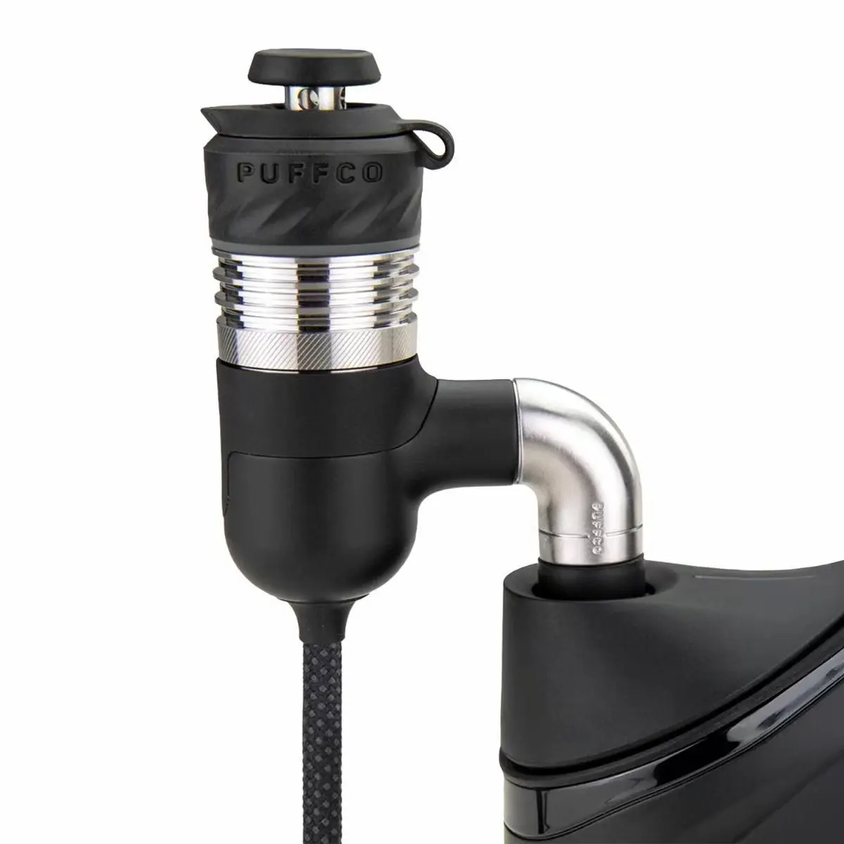 Puffco Peak Pro Link adapter hose connected with 3DXL chamber and glass rig joint insert