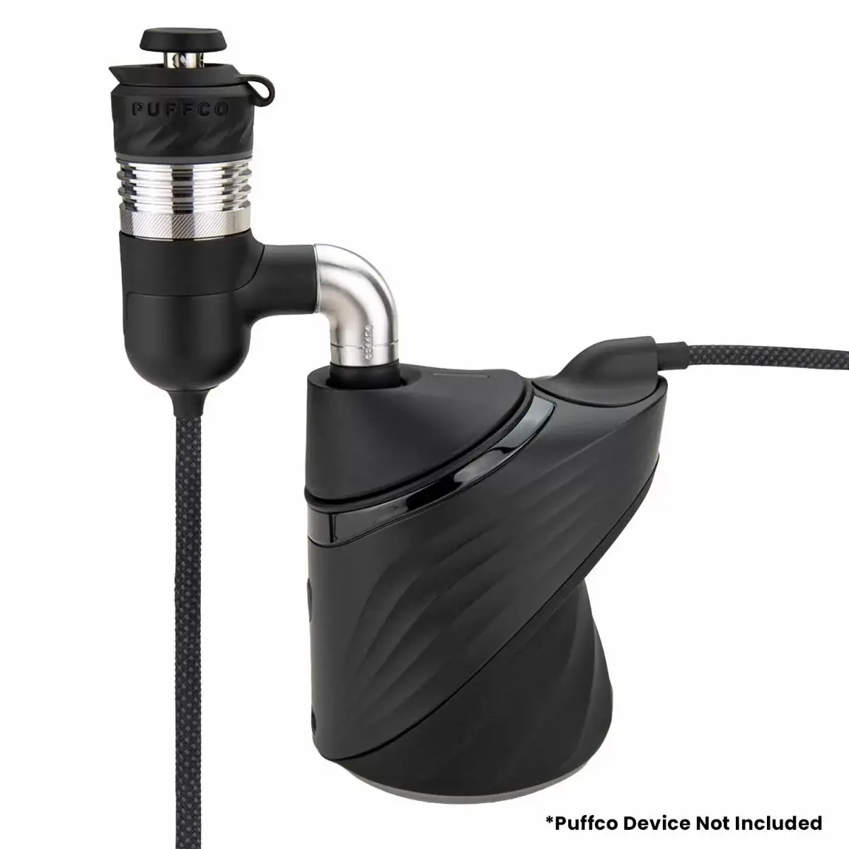 Puffco Peak Pro Link flexible whip attachment installed into black Peak Pro vaporizer base