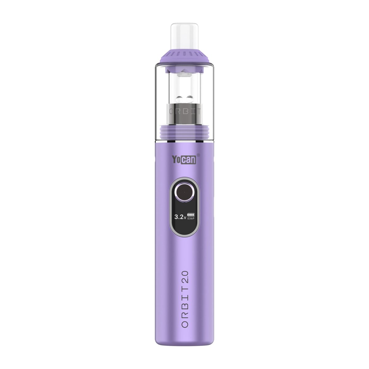 Yocan Orbit 2.0 Concentrate Vaporizer Pen in metallic purple with clear glass mouthpiece and OLED control screen