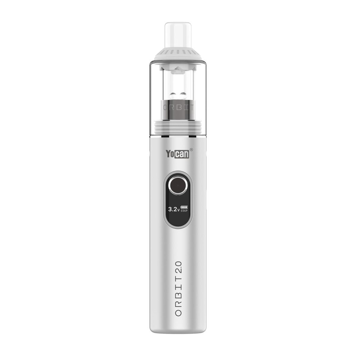 Yocan Orbit 2.0 Concentrate Vaporizer Pen in metallic silver with clear quartz glass mouthpiece and OLED screen