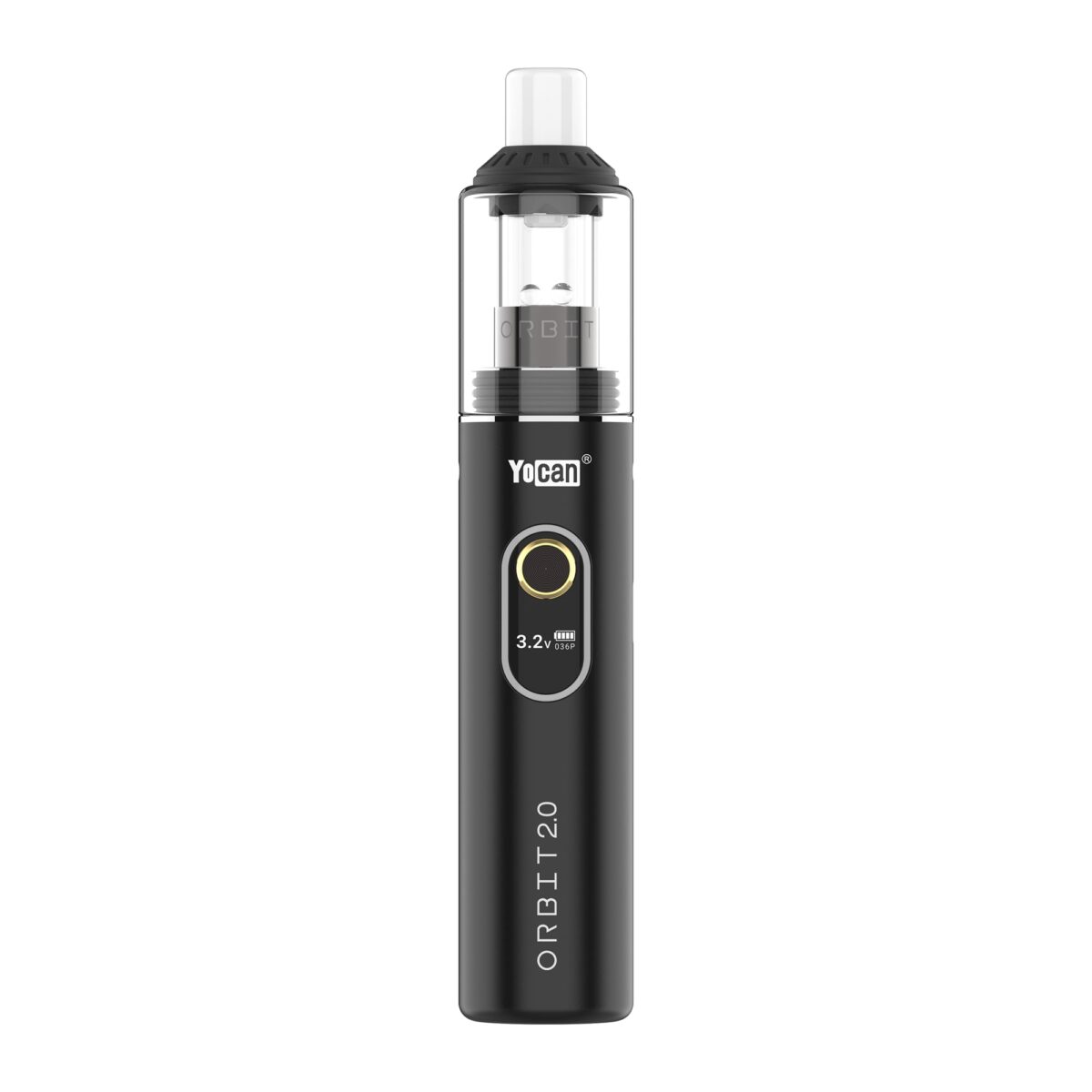 Yocan Orbit 2.0 Wax Vaporizer Pen in metallic black featuring clear glass mouthpiece and digital OLED display