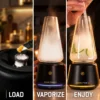 Tronian Omegatron 2 step-by-step guide showing loading wax, vaporizing in glass cup, and drinking vapor