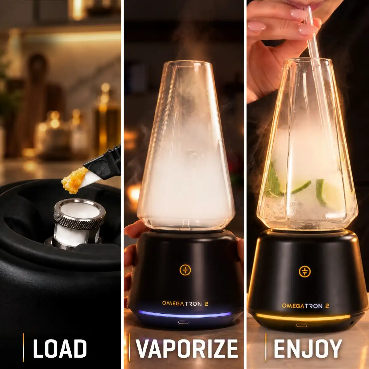 Tronian Omegatron 2 step-by-step guide showing loading wax, vaporizing in glass cup, and drinking vapor
