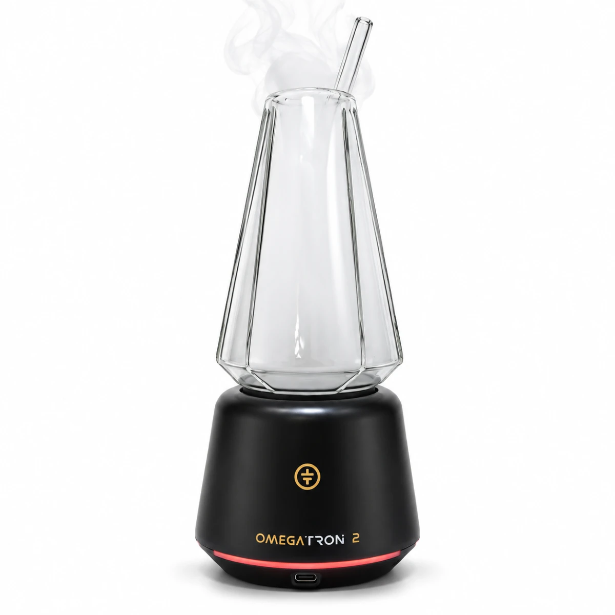 Tronian Omegatron 2 vaporizer with glowing LED base and vapor filling glass glass cup